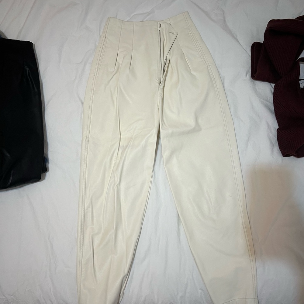 Stylish Faux Leather Cream High-Waisted Pants